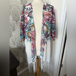 Floral Kimono Cardigan with Fringe